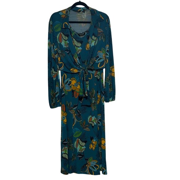 Floral Teal Two-Piece Dress with Long Sleeve Top By Iman Size L #D-6-6-0 - Picture 1 of 15